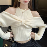 Black Friday Dodobye Sexy Off Shoulder Sweater Women Christmas Elegant Manners Bow Solid Two Piece Knit Jumpers Chic Vest Commuter Office Lady Tops