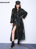 christmas outfit Dodobye Spring Soft Thin Flowy Shiny Reflective Holographic Black PVC Faux Leather Trench Coat for Women Maxi Y2K Streetwear