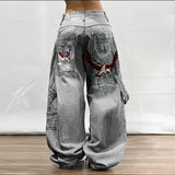 Dodobye New American Retro Washed Loose Jeans Female Y2K High Street Harajuku Do Old Personalized Pattern Straight Pants Street Clothes