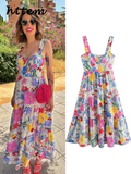 Dodobye Elegant Printed Ruffles Strap Dress Women Fashion Sleeveless Backless Patchwork Female Maxi Dresses 2024 Lady Holiday Beach Robe