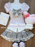 Dodobye Japanese Sweet Preppy Style Skirt Set Women Kawaii Lace Patchwork Bow Tops + Y2k Plaid Mini Skirt Elegant Outifits 2 Piece Set