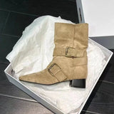 Dodobye 2025   new fashion design khaki suede leather buckle strap pointed toe boss boots punk style goth square heel women shoes