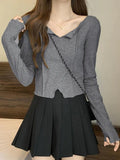 Dodobye-Solid V Neck Slit Hem Long Sleeve Knit