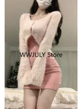 Dodobye Autumn Sexy Strap Y2k Mini Dress Sets Women Pink Sweet Sweater Tops Elegant Bodycon Slim 2 Piece Skirt Dress Korean Fashion 2025