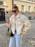 christmas outfit Dodobye 2024 New White Chic Women's Lamb Wool Cropped Coat Fashion Loose Zipper Lapel Full Sleeved Jackets Female Warm Casual Streetwear