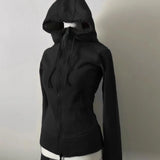 Dodobye Korean Fashion Casual Style Waist Tightening Slim Fit Daily Cardigan  Hoodie Solid Color Double Zipper Wool Design Retro Hooded