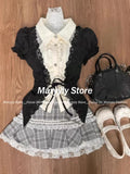 Dodobye 2025 New Japanese Sweet Preppy Style Outfits 2 Piece Set Women Vintage Kawaii Lace Patchwork Tops + Plaid Slim Mini Skirt Female