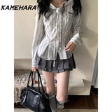 Dodobye Japanese Harajuku Style Spring Striped Long Sleeve Slim Fit Shirt Y2k Pleated Skirt College Style Two-piece Sets Female