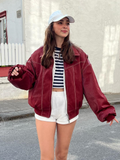 christmas outfit Dodobye 2025 New Chic Red Contrast Stitch Leather Bomber Jacket Women's Fashion Zipper Front Lapel Pocket Coat Fall Lady High Streetwear