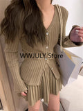 Dodobye 2025 Autumn Grey Knitted Suit for Women Korean Slim Short Cardigan Top High Waist Fashion Skirt Suit Outfit 2 Piece Set Chic