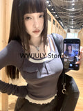 Dodobye Korean Fashion Knitted Fake Two Tops Basic Slim Bodycon Sweater Blouse Outwear Design Long Sleeve Clothing 2025 Autumn Chic