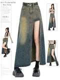 Dodobye Women's Blue A-line Denim Skirt with Slit Vintage Aesthetic Y2k Jean Skirt Harajuku Korean Long Skirt 2000s Clothes Summer 2025