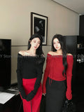 Dodobye Vintage Red Slim Long Sleeve Tops Off Shoulder Sexy Knitted Sweater Autumn Winter Casual Basic Korean Fashion Jumpers Chic