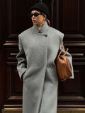 christmas outfit Dodobye Fashion Grey Stand Collar Women's Wool Blends Overcoat Chic Button Long Sleeve Back Split Loose Jacket Lady High Streetwear 2025