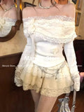 Dodobye Elegant Vintage 2 Piece Sets Women Sweet Flower Lace Slash Neck Knitted Tops + Y2k Mini Cake Skirts Korean Fashion Lolita Suits