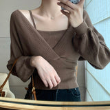 Black Friday Dodobye Autumn Fake Two-Piece Sweater Women Knitted Solid Slim Long-Sleeved Pullover Fashion Casual Sweet Pretty Style Female Tops