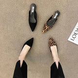 Dodobye Women Slippers Pointed Toe Leopard Design Shallow Slip on Thin Low Heels Black Flock Design Casual Mules Loafers Black Outdoor