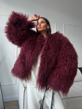 christmas outfit Dodobye New Fashion Burgundy Oversized Fluffy Faux Fur Coat 2024 Chic Women O-neck Long Sleeved Warm Jacket Winter Lady Loose Streetwear