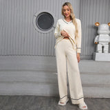 Dodobye Stripes V-neck Long Sleeve Top and Elastic High Waist Wide Leg Pants  Two-piece Women Office Loose Knit Outfi Set Office