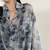 Dodobye Vintage Shirt Women Harajuku Tie Dye Print Korean Loose Casual Chiffon Blouse Autumn Holiday Transparent Gothic Hippie Top