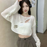 Black Friday Dodobye Chic Hollowed Out Smock Women Long-Sleeve Solid Sexy Cropped Tops Blouse Harajuku Fashion Loose Knitted Y2K High Street Sweater