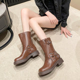 Dodobye 2024 New Winter Denim Boots Women's Retro Brown Belt Buckle Round Head High Boots  Boots Knee Length