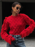 Dodobye Tassel Solid Women Sweater Long Sleeve Pleated Female Pullover 2025 Autumn All Match Fashion Patchwork O Neck Slim Lady Knitwear