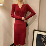 Black Friday Dodobye Knit Dress Women Elegant Korean Autumn Winter Long Sleeve V-Neck Button Slim Skirt Fashion Stretch Sweater Office Lady Dress