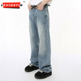 Dodobye Autumn Men'S Denim Pants High Street Washed Worn-Out Simple Solid Color Wide Leg Male Straight Jeans Trousers S-2Xl