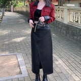 thanksgiving outfit Dodobye High-End Cropped Jacket Women's Niche Design Red Tweed Style Wine Autumn Suit Warm Feeling Leather Skirt Sexy Female Outfit