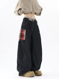 Dodobye 90s Streetwear New American Style Splicing Plaid Washed Cargo Pants Women Retro Wide Leg High Waisted Baggy Jeans Women Hip Hop Denim Pants