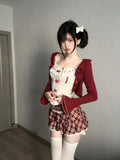 Dodobye Japanese Sweet 3 Piece Set Outfits Women Causal Short Cardigan + Cute Lace Floral Bow Vest + Kawaii Plaid Mini Skirt 2025 Summer