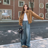 thanksgiving outfit Dodobye Coffeechamois Leather Chic Jacket 2024 Autumn New Simple Style Blogger Ins Sense Fresh Top Loose Fit Short Outerwear