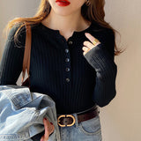 Black Friday Dodobye Autumn Winter Sweater Women Korean Slim Button Solid Knitted Long Sleeve Pullover Fashsion Elegant Bottom Basic Female Jumpers