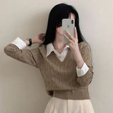 christmas outfit Dodobye Blouse Collar Fake Two-piece Cable Knit Sweater