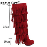 thanksgiving outfit Dodobye size 32-43 Flock Fur Women boots High heels Knee boots Fringe Tassels Fashion Black Red ZL4150