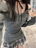 Dodobye Fashion Vintage V-neck Knitted Tops Women 2025 Early Autumn New Sweaters Mujer Y2k Grunge Slim Fit Long Sleeve Pullovers