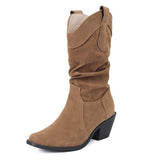 thanksgiving outfit Dodobye Pleated Women Mid Calf Boots Toe Block Heels 6cm Slip On Flock Suede Size 44 45 Daily Bota