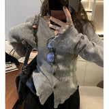 Dodobye 2025 Y2k Grey Vintage Women Kint Sweater Harajuku Long Sleeve Cardigan Irregular Korean Fashion Slim Autumn Jerseys Casual