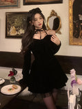 Dodobye 2025 Winter Vintage Red Velvet Short Party Dress Woman Bow Elegant Y2k Mini Dress Lolita Kawaii One Piece Dress Korean Fashion