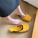 Dodobye Comfortable Soft Fur Mules Slippers Women Autumn Winter Square Heels Warm Plush Slippers Woman High Heel Faux Fur Slides