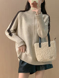 christmas outfit Dodobye High-Low Long Sleeves Contrast Color Split-Joint Split-Side High Neck Pullovers Sweater Tops