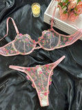 Dodobye - Floral Embroidery Lingerie Set, Hollow Out Unlined Bra & Sheer Mesh Thong, Women's Sexy Lingerie & Underwear