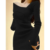 Black Friday Dodobye Knitted Dress Women Autumn Winter Long Sleeved Sexy Off Shoulder Stretch Sweater Solid Elegant Skinny Chic Korean Lady Dress