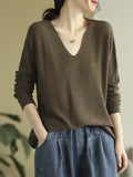 christmas outfit Dodobye Long Sleeves Loose Solid Color V-Neck Sweater Tops