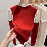 Black Friday Dodobye Lace Patchwork Knitted Sweater Women Chic Elegant Stand-Collar Fall Winter Tops Solid Ruffled Long-Sleeve Sweet Jumpers Pullover