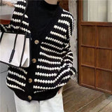 Black Friday Dodobye Striped Knit Cardigan Women Black White Patchwork Fall Winter Warm Button Sweater Fashion Elegant Loose Chic Twist Coat