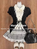 Dodobye 2025 New Japanese Sweet Preppy Style Outfits 2 Piece Set Women Vintage Kawaii Lace Patchwork Tops + Plaid Slim Mini Skirt Female