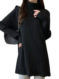 christmas outfit Dodobye Casual Long Sleeves Loose Split-Side Solid Color High-Neck Sweater Tops