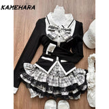 Dodobye American Retro College Style Gray White Checkered Cake Half Skirt Bow Black Slimming Patchwork Cardigan Two-piece Sets